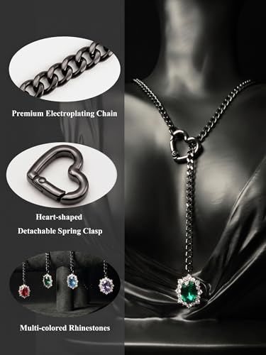 Women's Heart O-Ring Slip Chain Necklace, Double Layered Adjustable 39'' Cuban Chain with Detachable Heart Clasp and Colorful Rhinestone Pendant - color: 25'' Black-Emerald Green