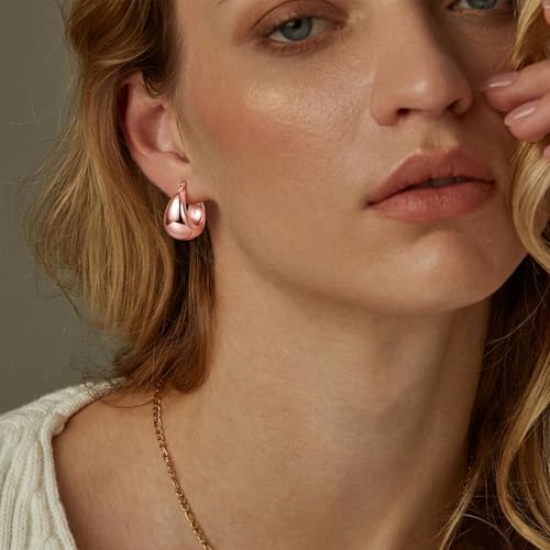 OOOPEL Gold Hoop Earrings for Women,925 Sterling Silver Chunky Hoop Earrings Hypoallergenic Lightweight 14K Gold Plated Thick Gold Hoops for Women 22mm 26mm - color: rose gold-22