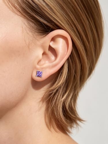 ChicSilver 925 Sterling Silver Earrings Sparkling Heart/Round/Princess Cut Birthstone Earrings for Women Birthday Jewelry with Gift Box - style: A.February(Amethyst)-Princess Cut