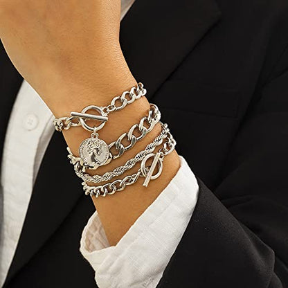 Boho Fashion Dainty Boho Gold Silver Chain Stackable Bracelets Set for Women Adjustable Beaded Coin Chunky Flat Cable Chain Punk Bracelets Jewelry for Women Gift Set of 4 - color: Silver