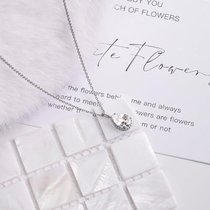 Teardrop Pendant Necklace for Women - Sterling Silver Birthstone Crystal Necklace Gift - color: White