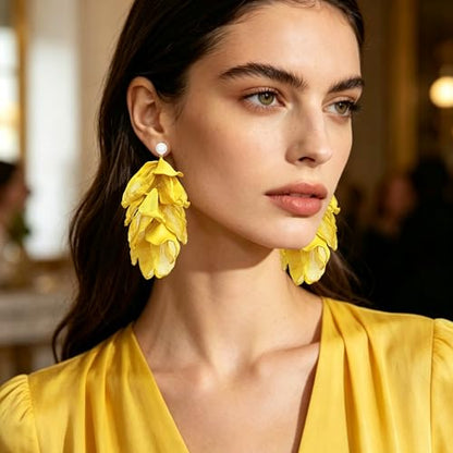 Handmade Bohemian Lightweight Fabric Flower Dangle Drop Earrings Chic Pearl Large Tassel Petal Stud Earrings For Women - color: Ginger