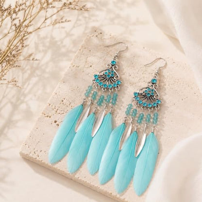 FRESHME Feather Earrings for Women - Native American Jewelry Boho Dangle Ethnic Indian Ear Drop for Music Festival Birthday - color: Blue