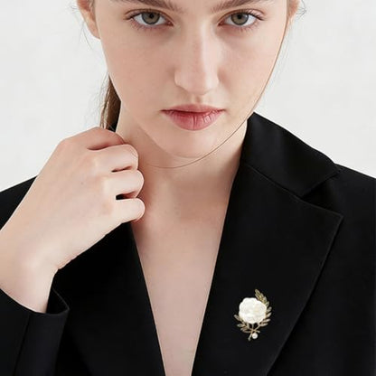 Handmade Elegant Red Rose Flower Brooch Pin for Women Crystal Pearl Fabric Flower Lapel Pin Dress Suit Accessories - color: White A