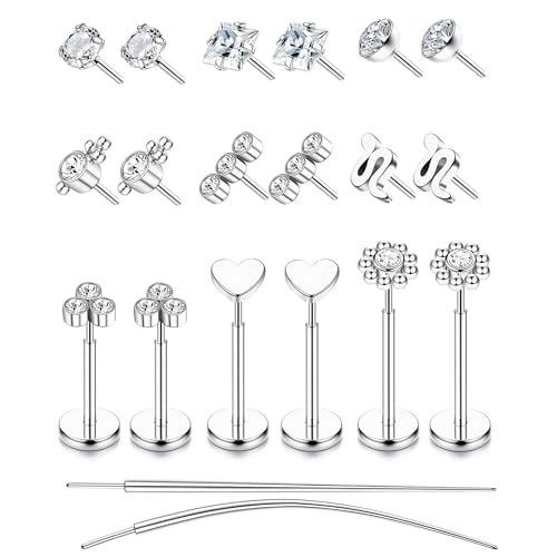YADOCA Threadless Flat Back Earrings Hypoallergenic Nose Studs Rings for Women 14K Gold Plated 316L Surgical Steel Lip Labret Conch Medusa Cartilage Tragus Nose Piercing Jewelry 20G 18G 16G - color: Silver, size: 18G(1.0MM)