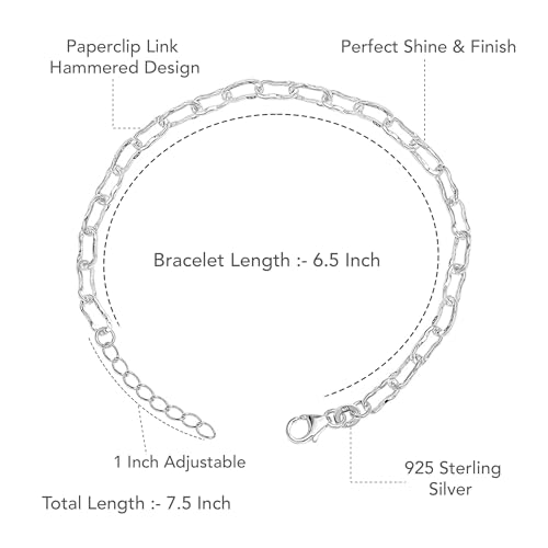 LeCalla 925 Sterling Silver Hammered Link Bracelets for Women | Handmade Bohemian Textured Chain & Oval Link Bracelet | Women's Adjustable Paperclip, Circle & Oval Hammered Bracelets - color: Paperclip Link