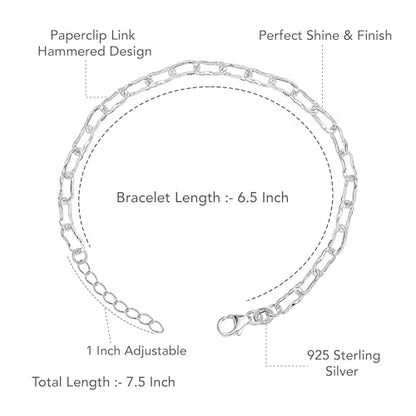 LeCalla 925 Sterling Silver Hammered Link Bracelets for Women | Handmade Bohemian Textured Chain & Oval Link Bracelet | Women's Adjustable Paperclip, Circle & Oval Hammered Bracelets - color: Paperclip Link