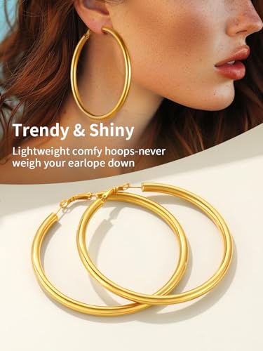 FindChic Hoop Earrings for Women, Silver/Black/14K Gold Plated Hypoallergenic Hollow Round Tube Loop Earrings, 20mm/30mm/40mm/60mm/80mm Chunky Hoops with Custom Name Options & Gift Box - color: c.Gold, size: 80MM