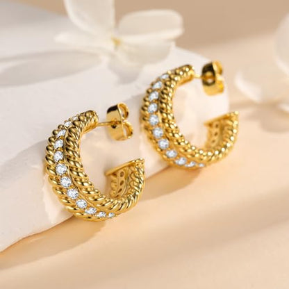 Small Gold Twisted Hoop Earrings for Women, 18K Gold Plated Hypoallergenic Chunky Cubic Zirconia Huggie Hoop Earrings Jewelry Gifts for Women