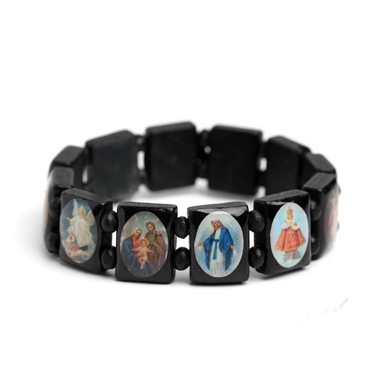 2/4 Pcs Wooden Jesus Virgin Mary Bracelet Saints Rosary Stretch Adjustable Wooden Small Panel Bracelet Religious Saints Jesus Gift for Women Men - color: 4 pcs