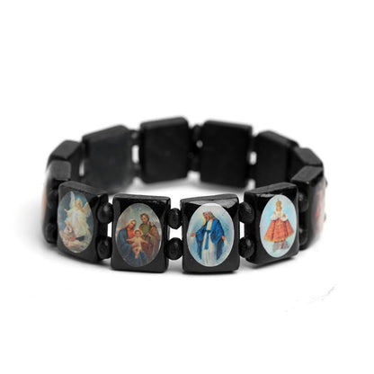 2/4 Pcs Wooden Jesus Virgin Mary Bracelet Saints Rosary Stretch Adjustable Wooden Small Panel Bracelet Religious Saints Jesus Gift for Women Men - color: 4 pcs