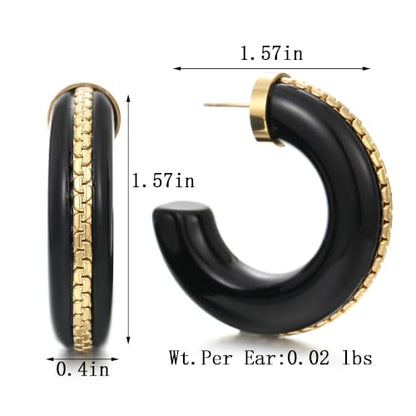 Gold Plated Resin Chunky Hoop Earrings Hypoallergenic Push Back Hoops for Sensitive Ears - color: Black