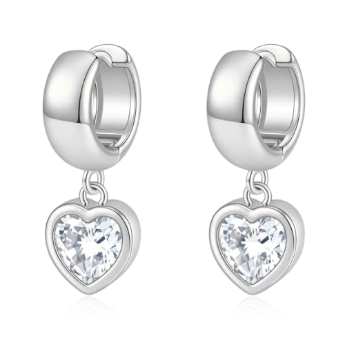 Gold Chunky Dangle Earrings for Women, Bezel Set Cubic Zirconia Charm | 14K Gold Silver Plated, Statement Huggie Hoops Drop Earrings, Trendy Jewelry Gifts, High Grade CZ, Hypoallergenic Lightweight - color: SL-Heart CZ Hoop