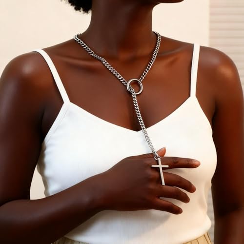 Slip Chain Choker for Women Handmade Black Stainless Steel Cuban Chain Chunky Moon Bat Raven Skull Pendant Gothic Punk Rock Collar Adjustable Lariat Y Necklace for Men - style: goth emo gothic Punk