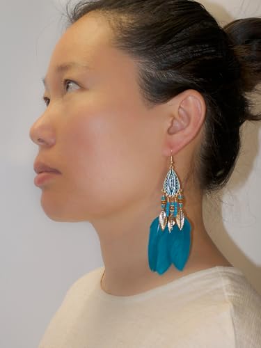 Boho Feather Dangle Earrings – Handcrafted with Turquoise Beads, Silver Accents & Blue Feathers – Gift Set for Women, Mom, Wife in Premium Gift Box