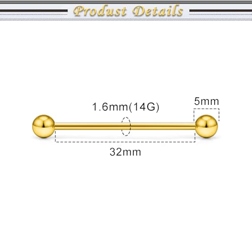 16G 14G Surgical Steel Tongue Rings Nipple Rings Industrial Piercing Jewelry Set Multi Size Straight Barbells 12mm 14mm 16mm 19mm 22mm 28mm 32mm 35mm 38mm 40mm 45mm for Women Men - color: goldtone, size: 14g,bar length 32mm