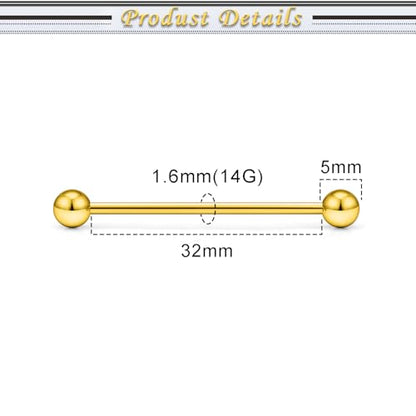 16G 14G Surgical Steel Tongue Rings Nipple Rings Industrial Piercing Jewelry Set Multi Size Straight Barbells 12mm 14mm 16mm 19mm 22mm 28mm 32mm 35mm 38mm 40mm 45mm for Women Men - color: goldtone, size: 14g,bar length 32mm
