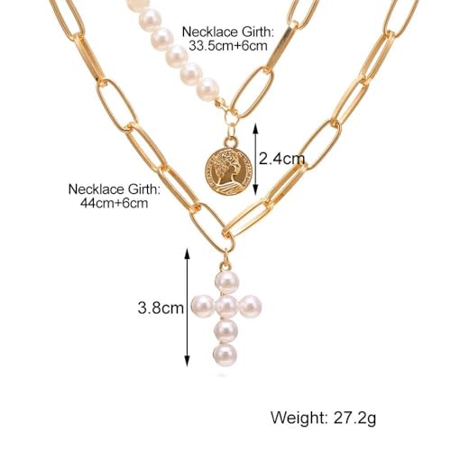 Layered Pearl Cross Pendant Necklace Set for Women,Vintage Coin Paperclip Statement Collarbone Necklace,Trendy Party Banquet Jewelry Accessories Gift
