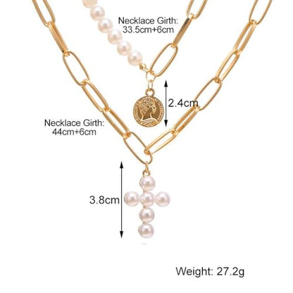 Layered Pearl Cross Pendant Necklace Set for Women,Vintage Coin Paperclip Statement Collarbone Necklace,Trendy Party Banquet Jewelry Accessories Gift