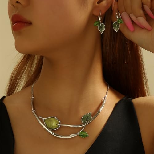 Chunky Statement Jewelry Set Vintage Retro Leaf Flower Floral Geometric Bohemian Boho Bib Necklace Earring Set Fashion Costume Jewelry for Women Girls Wedding Party Prom Unique Gift - style: 3 leaves jewelry set-green