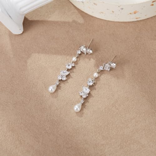 Crysdue Simulated Pearl Earrings for Women, Dainty Silver/Gold/Rose Gold Plated Cubic Zirconia Drop Dangle Earrings Wedding Jewelry for Bride Bridesmaid - style: b_CZ+Pearl, Silver