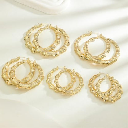 18K Gold Plated Bamboo Hoop Earrings for Women – Large Round Heart Design, 80/90s Ghetto Door Knocker Style, Trendy Hip Hop Jewelry Accessories - color: Gold Hoop 70mm