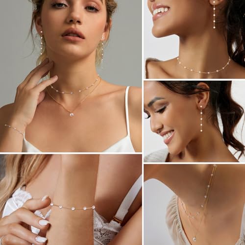 HERIER Gold Jewelry Set for Women - Dainty 14K Gold/Silver Plated Pearl Choker Necklace, Drop Earrings & Bracelets - Wedding Trendy Pearl Jewelry Gift - color: Pearl Jewelry Set-Gold