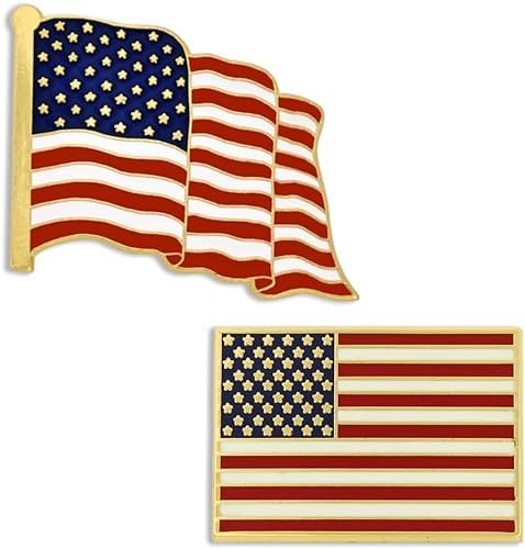 PinMart American Flag Lapel Pins - Set of 2 – Made in USA – Brass with Hard Enamel – Gold-colored & Nickel-Plated – 7/8"x5/8" & 1"x3/4" – Clutch Back – Ideal for Hats, Lapels & Gifts - color: Gold colored Plated