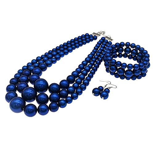 Big Chunky Pearl Necklace and Earrings Set Large Costume 1920s Faux Pearls Gatsby Accessories - color: A-royal blue