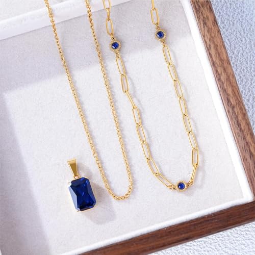 Birthstone Layered Pendant Paperclip Necklace 18k Gold Plated Heart Choker Chain Necklace Emerald Cut Jewelry Birthday Gift for Women - color: Emerald-Cut Sapphire