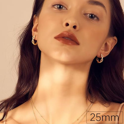 Gold Hoop Earrings for Women 14K Gold Earrings for Women | Twist CZ Gold Hoop Earrings 14K Gold Hoop Earrings Hypoallergenic Lightweight Gold Hoop Earrings for Women 20/25/30/40/50mm - size: 25MM