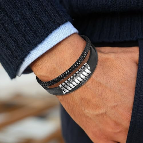 Leather Bracelet for Men Braided Stainless Steel Mens Bracelets - color: Black 5