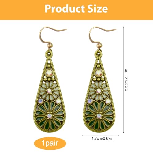 Handmade Bohemian Crystal Teardrop Dangle Earrings, Tribal Retro Copper Hollow Out National Style Geometry Enamel Floral Hook Earrings for Women, Ethnic Statement Jewelry
