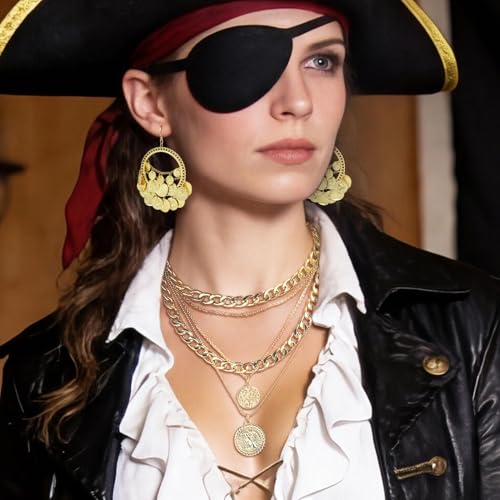 2 Pcs Layered Golden Pirate Necklace Earrings for Women Chunky Chain Layered Necklace Boho Gypsy Hoop Earrings Punk Grunge 80s 90s Coin Pendant Jewelry Halloween Pirate Costume Accessories - color: Polish Golden B