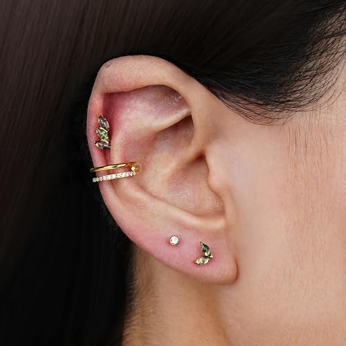 1PC ASTM F136 Titanium Piercing Jewelry for Tragus Conch Helix Flat Labret 18G 6mm 8mm, Cartilage Earring Flatback Stud - color: Moss Agate Grass - Gold