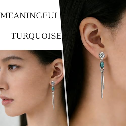 1 Pair Silver Tone Simulated Turquoise Dangle Earrings for Women,Boho Style Long Earrings,Womens Western Earrings,Tassel Drop Earrings,Vintage FlowerEarrings,Western Jewelry