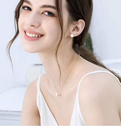 Bridesmaids Gifts Single Pearl Necklace Silver Stud Earrings Gift Floating Pendant 8-9mm Simple Chain Jewelry Set for Women Maid of Honor Wedding Classic Fashion Style