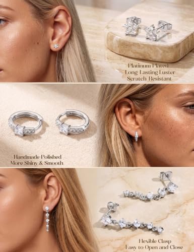 MILACOLATO 5 Pairs 925 Sterling Silver Earrings for Women Trendy Ear Stacks | 14K Gold Plated Stud Huggie Hoop Earrings Set Hypoallergenic CZ Pearl Dangle Earring Prom Bridal Bridesmaids Wedding Jewelry - color: Silver - 2 Pairs of Pearl Earrings + 3 Pair