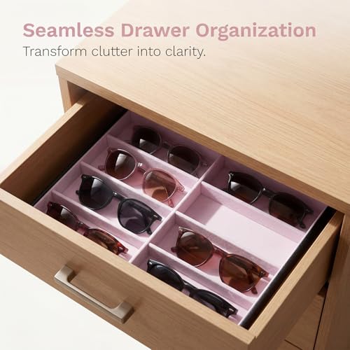 Stratalife 8 Grids Drawer Sunglasses Organizer Tray, Pink PU Velvet | Stackable Eyeglasses Storage Case with Removable Dividers, Jewelry Display Case for Necklace Bracelet, 13.78x9.5x1.2inch - color: Pink
