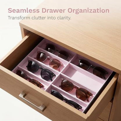Stratalife 8 Grids Drawer Sunglasses Organizer Tray, Pink PU Velvet | Stackable Eyeglasses Storage Case with Removable Dividers, Jewelry Display Case for Necklace Bracelet, 13.78x9.5x1.2inch - color: Pink