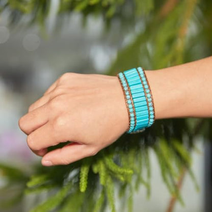 YGLINE Boho Handmade Natural Stone Bead 3 Row Wide Wrap Wrist Statment Bracelet Jewelry Collection - color: new-Turquoise
