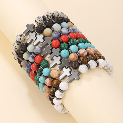 Beaded Bracelets Cross Bracelet for Women Men Lava Rock Turquoise Tiger Eye Natural Bracelet Anxiety Healing - color: 10 Pcs- black Hematite cross