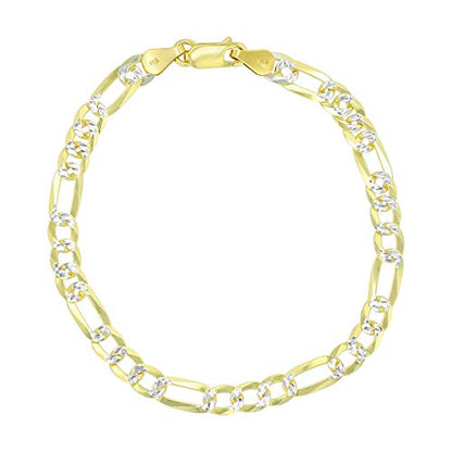 14K Gold or Rhodium Plated Silver Figaro Diamond Cut Pave Chain For Men | 1mm-13mm Thick | Solid 925 Figaro Italian Necklaces For Men - style: 5.50MM- Yellow & White