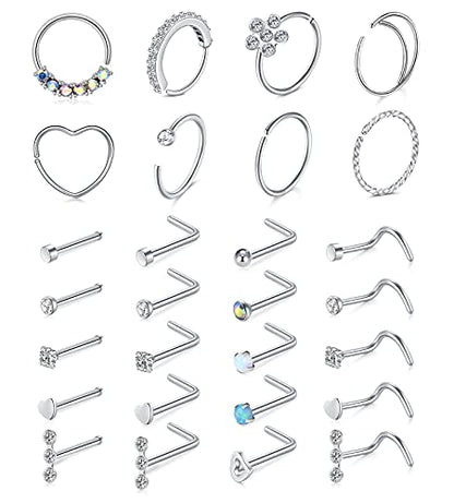 Mayhoop 20g Nose Rings Hoops And Studs For Women Men - Hypoallergenic 316L Surgical Stainless Steel L Shape Nose Screw Bone Silver Rose Gold Black Rainbow Pack 28Pcs - color: 2#Silver
