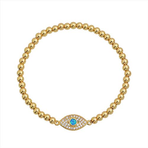 Women Evil Eye Ball chain Elastic bracelet with CZ Cubic Zirconia - color: Opal Gold