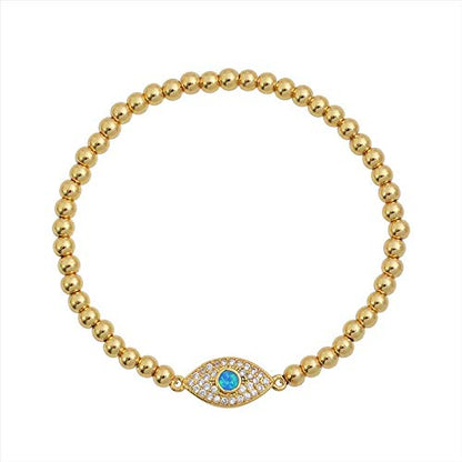 Women Evil Eye Ball chain Elastic bracelet with CZ Cubic Zirconia - color: Opal Gold