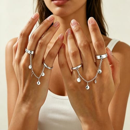 Chain Ring for Women Chunky Dangle Ring Two Finger Rings Crystal Statement Open Adjustable Finger Chain Rings Fashion Jewelry Accessories - color: silver