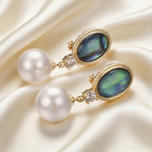 Yoursfs Abalone Shell Pearl Clip On Earrings for Women Colorful Cubic Zirconia Earrings Non Pierced Freshwater Pearl Drop Dangle Earring Trendy Jewelry - style: Abalone Shell Pearl Earrings