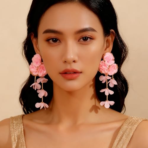 Fabric Flower Earrings for Women Colorful Long Tassel Floral Drop Earrings Fashion Boho Exaggerated Statement Beach Party Jewelry - color: pink