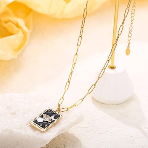 LUREME Punk Tarot Necklace - Gold Rectangle Pendant with Strass Zircon Sun/Moon/Star Design for Women (nl006354) - color: Multi Universe